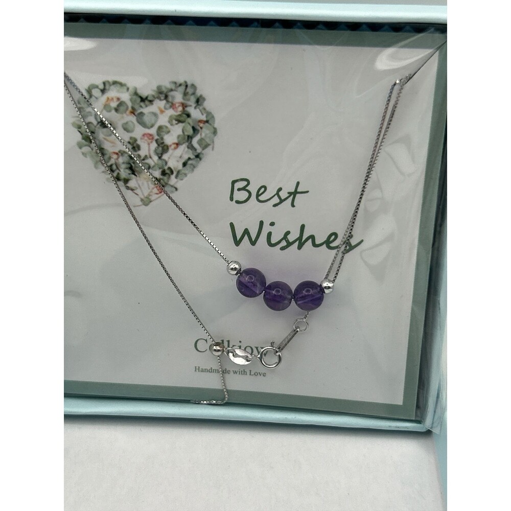 Purple Amethyst Trio Bead Necklace Silver Tone Box Chain Dainty Gift Box 16"